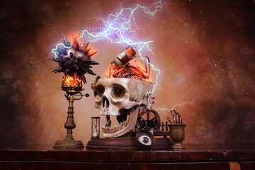 Teschio con ingranaggi e serpentina di rame con filo elettrico sul tavolo di legno con accessori per esperimento.