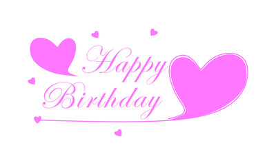 Happy birthday lettering text banner, pink color. Happy birthday and many hearts. Vector illustration.