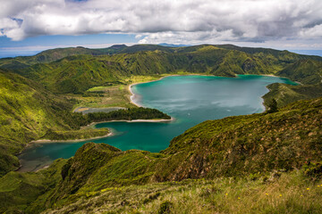 The breathtaking view of the crater lake Lagoa do Fogo on the Portuguese island of Sao Miguel
