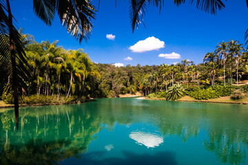 Reflection of trees in the lake in the Inhotim Park at Brumadinho, State of Minas Gerais, Brazil.
