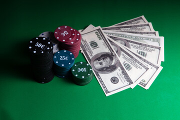 Gambling . poker on a gaming table in a casino