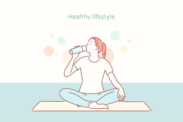 Young beautiful woman practicing yoga and gymnastic. Wellness concept. Classes in single sports. Hand drawn style vector design illustrations.