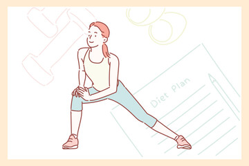 A woman who is planning a diet and stretching. Hand drawn style vector design illustrations. 