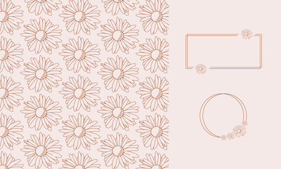Hand drawn vector flat chamomile pattern and frames