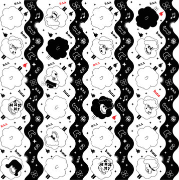 Funny pattern black and white sheep are dancing, baa