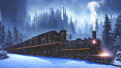 Fantasy winter forest with a train. They ate in the snow, a fabulous train rides on rails, smoke, spotlights, a magical winter forest at night. 3D illustration. - obrazy, fototapety, plakaty