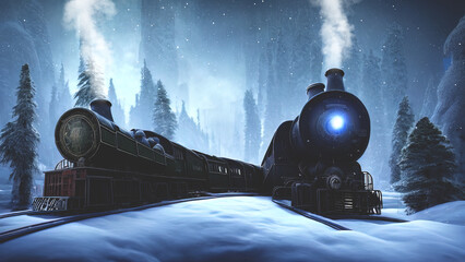 Fototapeta na wymiar Fantasy winter forest with a train. They ate in the snow, a fabulous train rides on rails, smoke, spotlights, a magical winter forest at night. 3D illustration.