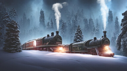 Fantasy winter forest with a train. They ate in the snow, a fabulous train rides on rails, smoke, spotlights, a magical winter forest at night. 3D illustration.