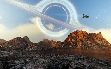 Black hole and stars and cloud fields in outer space.