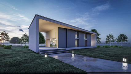 Fototapeta na wymiar 3d rendering illustration of modern minimal house with natural landscape, walkway and staircase 