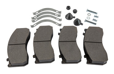 Truck brake pad set. brake parts on white background brake pads, guides, cylinders. Maintenance...
