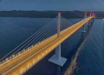 Aerial of the Peljesac bridge at dusk