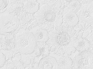 Relief of ranunculus, asters and cornflowers. Floral background. 3D illustration. 3D render