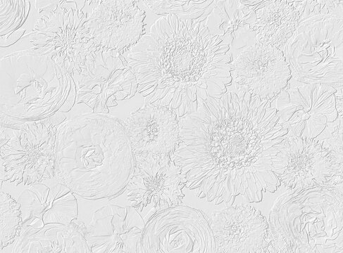 Relief of ranunculus, asters and cornflowers. Floral background. 3D illustration. 3D render