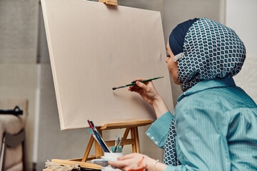 A woman in a hijab paints on canvas with a brush and tempera