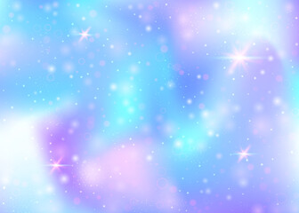 Naklejka na ściany i meble Hologram background with rainbow mesh. Mystical universe banner in princess colors. Fantasy gradient backdrop. Hologram magic background with fairy sparkles, stars and blurs.