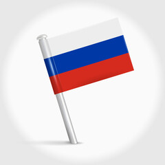 Russia map pin flag icon. Russian pennant map marker on a metal needle. 3D realistic vector illustration.