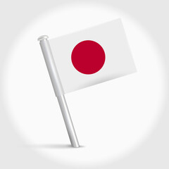 Japan map pin flag icon. Japanese pennant map marker on a metal needle. 3D realistic vector illustration.