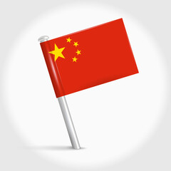 China map pin flag icon. Chinese pennant map marker on a metal needle. 3D realistic vector illustration.