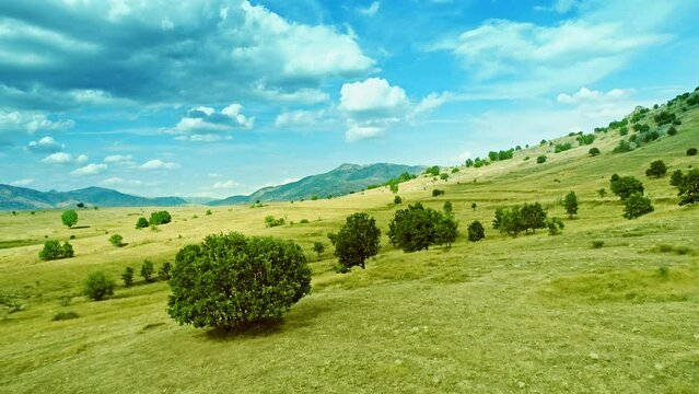 Landscape, drone flight over hills slope, pastures and sparse trees, clouds