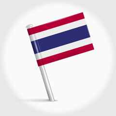 Thailand map pin flag icon. Thai pennant map marker on a metal needle. 3D realistic vector illustration.
