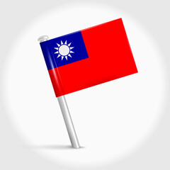 Taiwan map pin flag icon. Taiwanese pennant map marker on a metal needle. 3D realistic vector illustration.