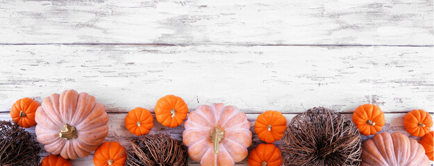 Fototapeta Fall bottom border of pumpkins and natural decor over a rustic white wood banner background. Above view with copy space. obraz
