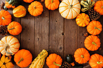 Fall frame of pumpkins, gourds and pine cones. Top view on a rustic dark wood background with copy space.