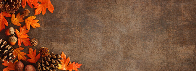 Colorful fall leaves, nuts and pine cones. Corner border over a rustic dark banner background. Overhead view with copy space.