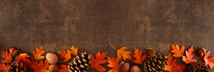 Colorful fall leaves, nuts and pine cones. Bottom border over a rustic dark banner background. Top...