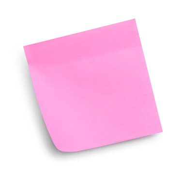 Blank pink sticky note on white background, top view
