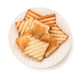 Plate with slices of delicious toasted bread on white background, top view