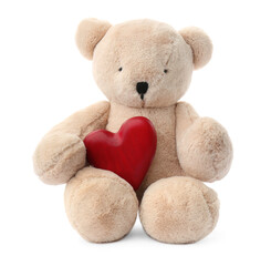 Cute teddy bear with red heart isolated on white. Valentine's day celebration