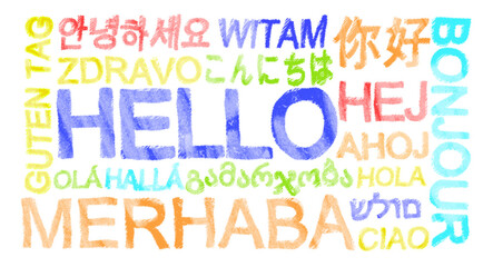 Greeting words in different foreign languages on white background