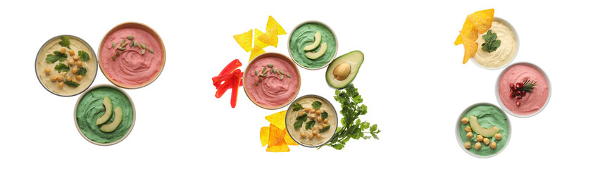 Different kinds of tasty hummuses on white background, top view. Banner design