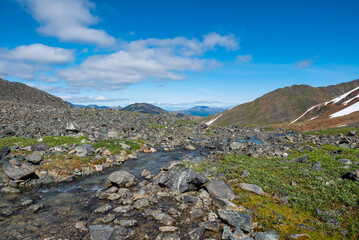 Running creek from a glacial lake in northern Canada during summertime. 