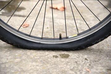 Bicycle wheel flattened on the street outdoors