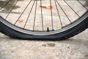Bicycle wheel flattened on the street outdoors