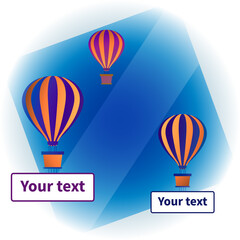 Naklejka premium Colorful hot air balloons with baskets. Bright sky background. Banners for text under baskets. Striped dome of hot air balloons. Blue and orange stripes of balloon domes. Air transport for travel.