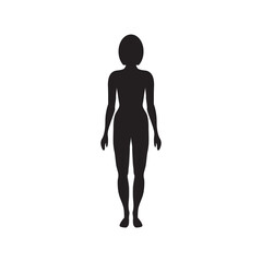 Black human silhouette. Standard female figure in full growth. Standing slim woman isolated. Female gender. Correct physique and body proportions. Front view. Unknown adult girl. Impersonal character.