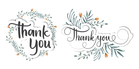 Thank you script decorated by watercolor floral illustration.