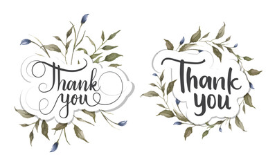 Thank you script decorated by watercolor floral illustration.
