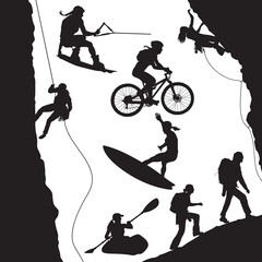 A set of adventure sports vector silhouettes of women.... Rock Climbing, Hiking, Kayaking, Wakeboarding, Surfing and Mountain Biking. 