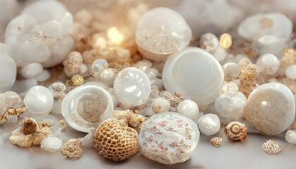 A background texture made up of white shells, pearls and stones