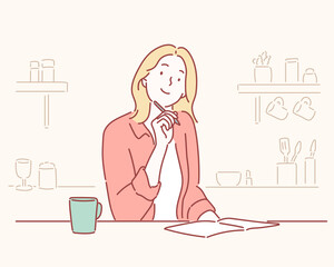 Smiling young woman studying at the table on a kitchen at home Hand drawn style vector design illustrations.