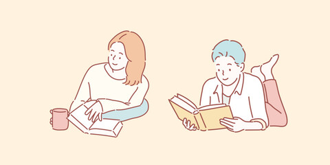 Young people reading book. Hand drawn style vector design illustrations. 