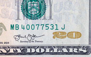 details of cash American twenty dollars, close up