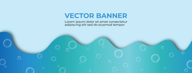 Blue Wave Flowing Vector Banner with Bubbles