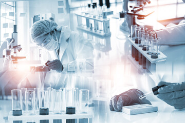 Double exposure Young woman scientific using equipment in the laboratory for...