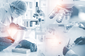 Double exposure microscope and Young woman scientific using equipment in the laboratory for research.Biotechnology,development,chemical,vaccine,COVID-19. Photo concept experimentation and research.